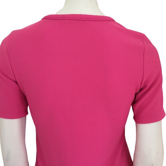 ELODIE Short Sleeve Ribbed Mini Sheath Dress in Barbie Pink SZ 6 - Picture 4 of 9